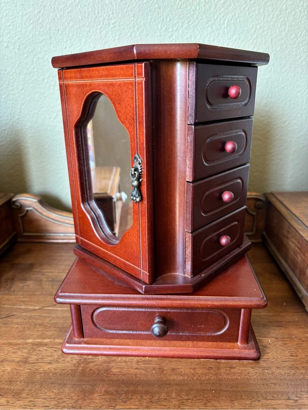 Spinning wood jewelry box drawers mirror
